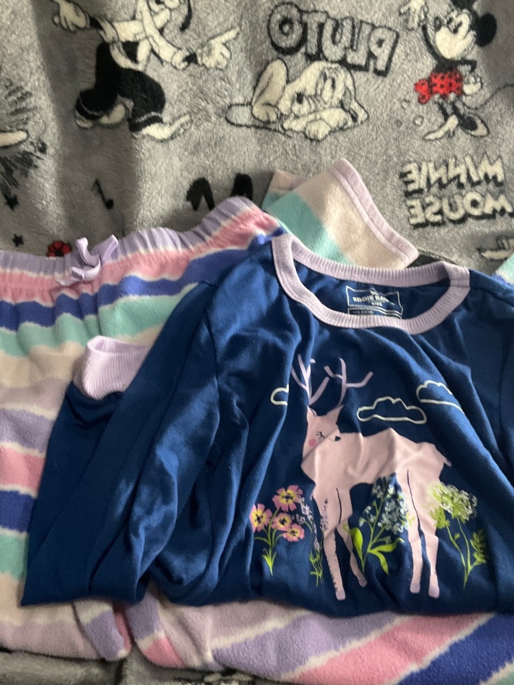 Eddie‎ Bauer Navy Blue Top with Pink Deer & Pastel Striped Pajama Pants